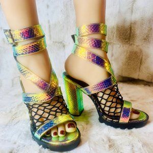 Cape Robbin Sexy Mermaid Hologram Chunky Heel Platform Sandals